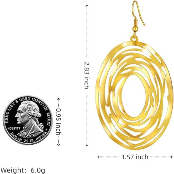 Big Gold Hollow Out Boho Geometric Hook Statement Gold Oval Dangle Earrings - Picture 3 of 6